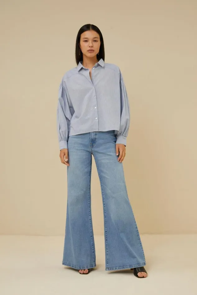 ByBar Blouses Vrouwelijk Sarah Short Pin Stripe Blouse Indi Grey