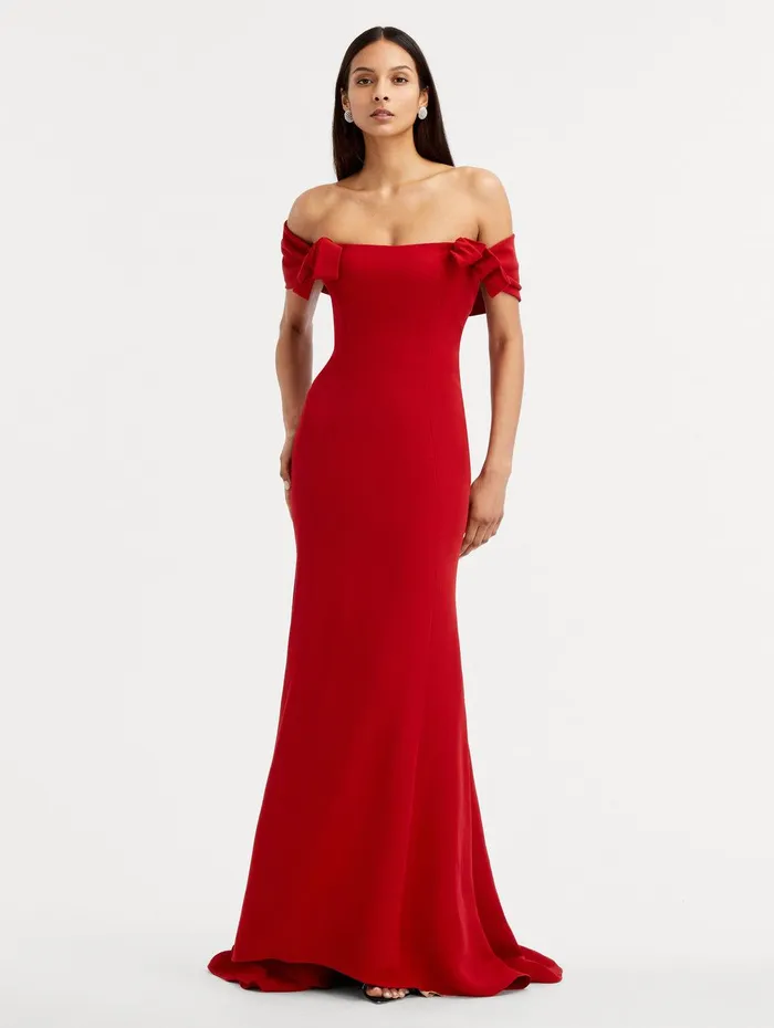 Cady Off Shoulder Peasante Gown Crimson Women Oscar De La Renta Gowns and Caftans Cady Off Shoulder Peasante Gown Crimson Women Oscar De La Renta Gowns and Caftans