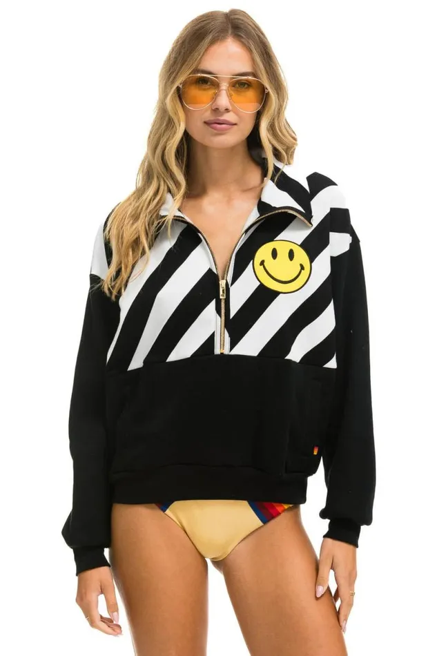 Caution Smiley 2 Embroidery Fleece Half Zip Sweatshirt 8211 Black White WomenMen Aviator Nation Sweatshirts