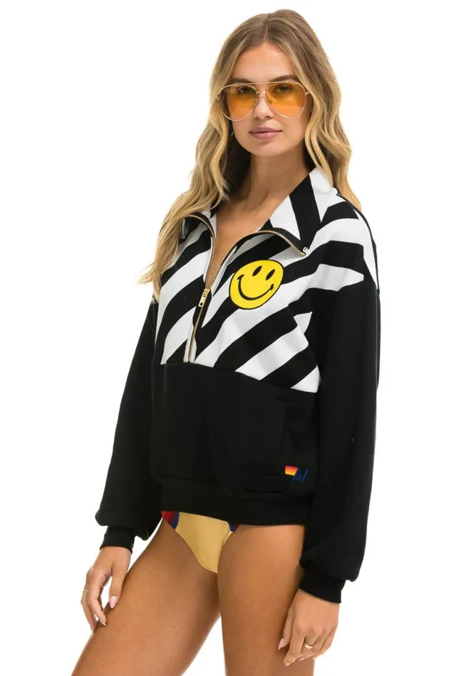 Caution Smiley 2 Embroidery Fleece Half Zip Sweatshirt 8211 Black White WomenMen Aviator Nation Sweatshirts