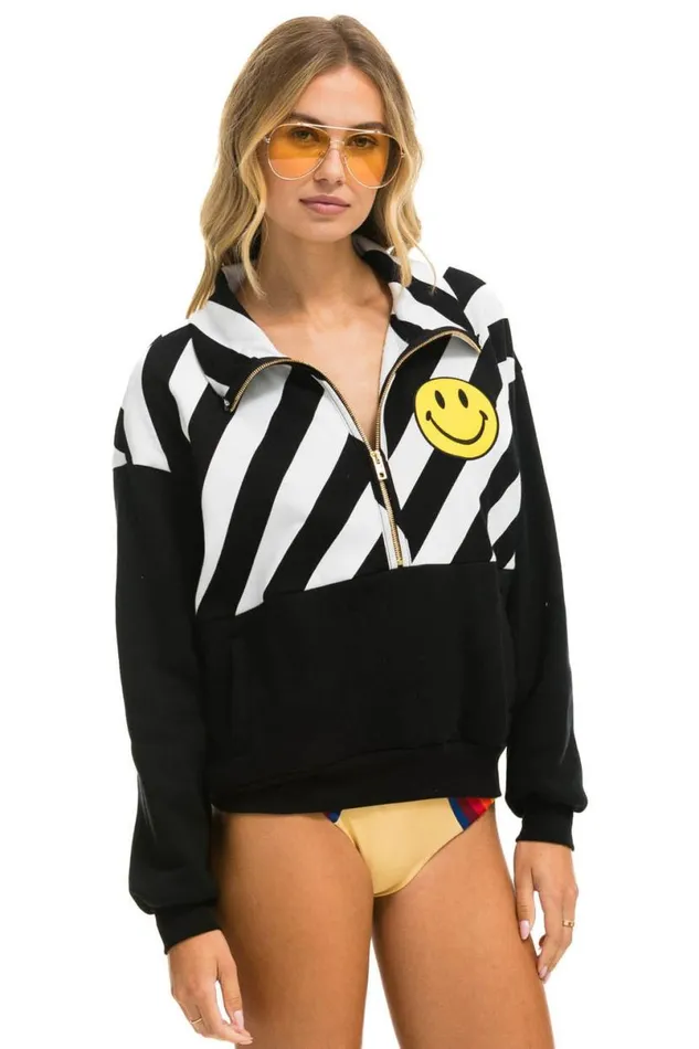 Caution Smiley 2 Embroidery Fleece Half Zip Sweatshirt 8211 Black White WomenMen Aviator Nation Sweatshirts