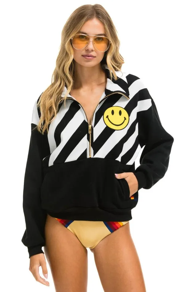 Caution Smiley 2 Embroidery Fleece Half Zip Sweatshirt 8211 Black White WomenMen Aviator Nation Sweatshirts
