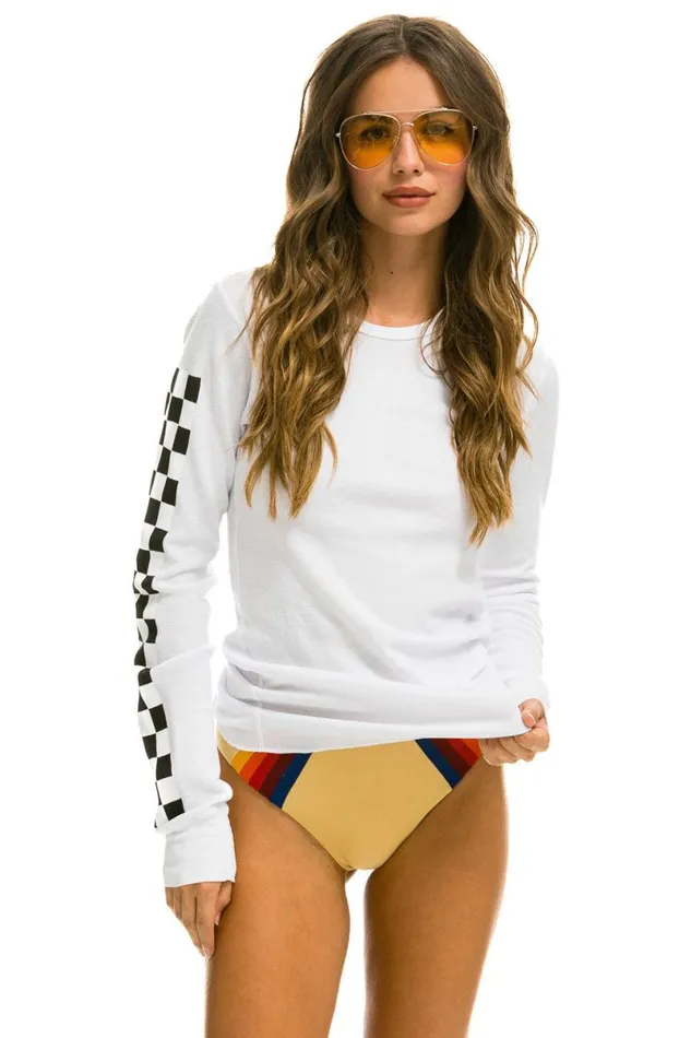 Check Sleeve Thermal 8211 White Women Aviator Nation Tees