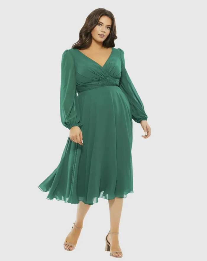Chiffon Bishop Sleeve Surplice Dress Plus Emerald Green Cocktail Dresses Mac Duggal Women Chiffon Bishop Sleeve Surplice Dress Plus Emerald Green Cocktail Dresses Mac Duggal Women