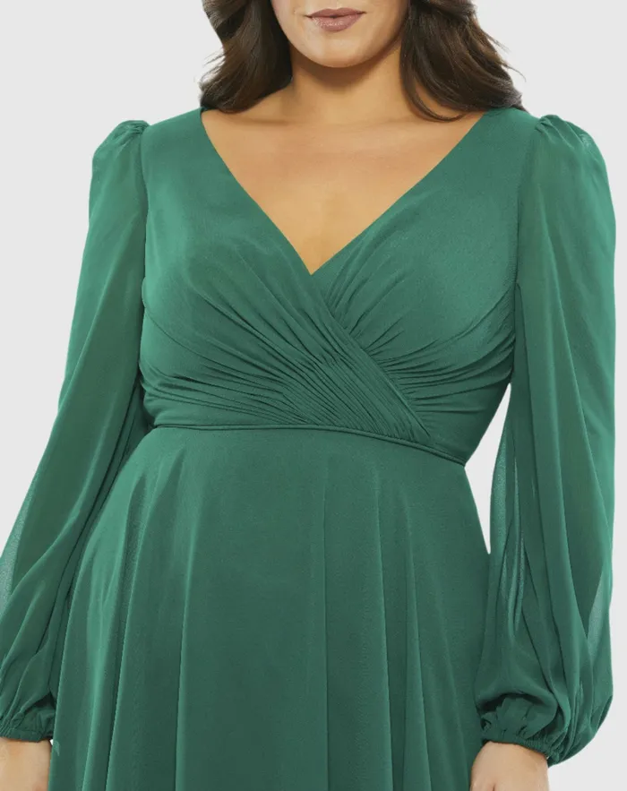 Chiffon Bishop Sleeve Surplice Dress Plus Emerald Green Cocktail Dresses Mac Duggal Women