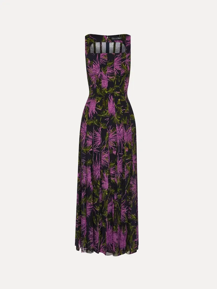 Chrysanthemum Chiffon Inset Dress Purple Navy Women Oscar De La Renta Dresses