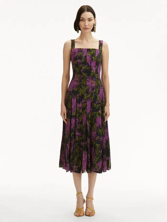 Chrysanthemum Chiffon Inset Dress Purple Navy Women Oscar De La Renta Dresses