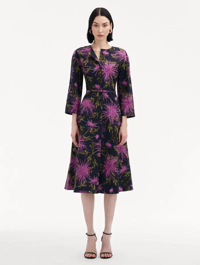 Chrysanthemum Cotton Poplin Dress Purple Navy Women Oscar De La Renta Dresses Chrysanthemum Cotton Poplin Dress Purple Navy Women Oscar De La Renta Dresses