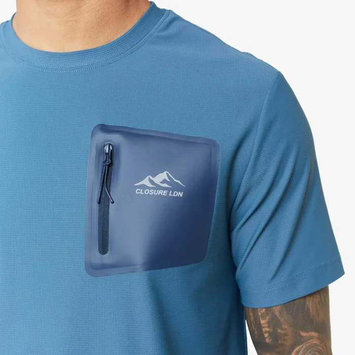 Closure London Heat Seal Zip Block Pocket TShirt Blue Men TShirts