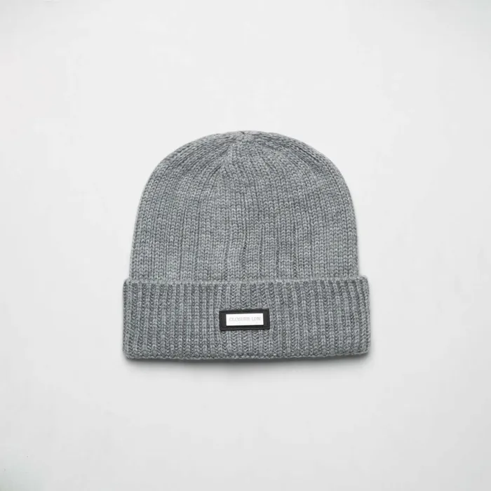 Closure London Smart Metal Badge Beanie Grey Marl Men Headwear