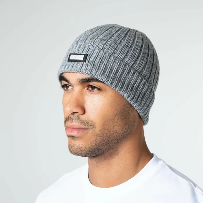 Closure London Smart Metal Badge Beanie Grey Marl Men Headwear