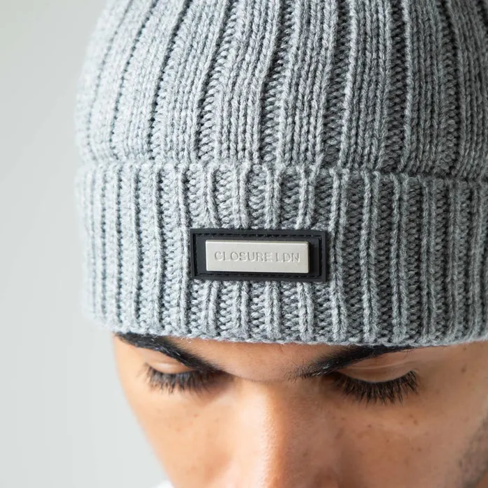 Closure London Smart Metal Badge Beanie Grey Marl Men Headwear