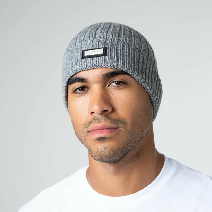 Closure London Smart Metal Badge Beanie Grey Marl Men Headwear