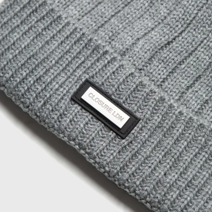Closure London Smart Metal Badge Beanie Grey Marl Men Headwear