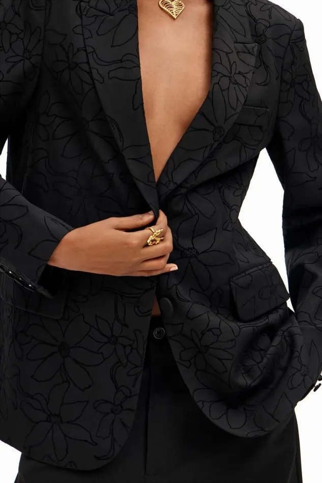 Coats And Jackets Women Desigual Blazer With Diecut Flower Silhouette Black