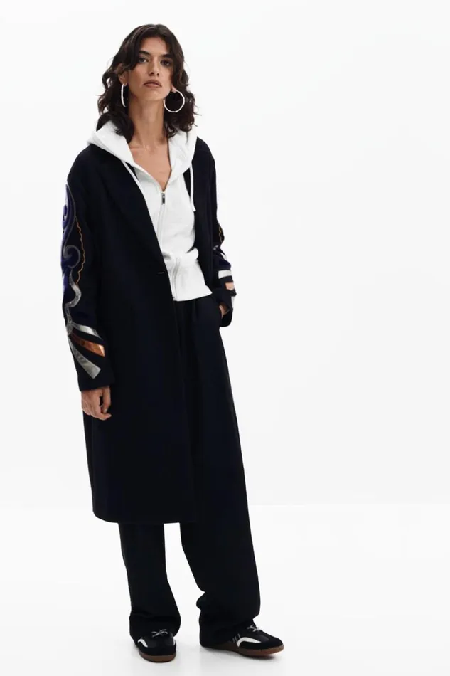 Coats And Jackets Women Desigual Coat With Printed Sleeves Black