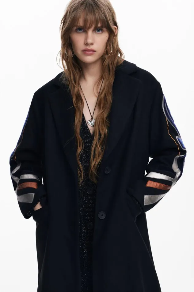 Coats And Jackets Women Desigual Coat With Printed Sleeves Black