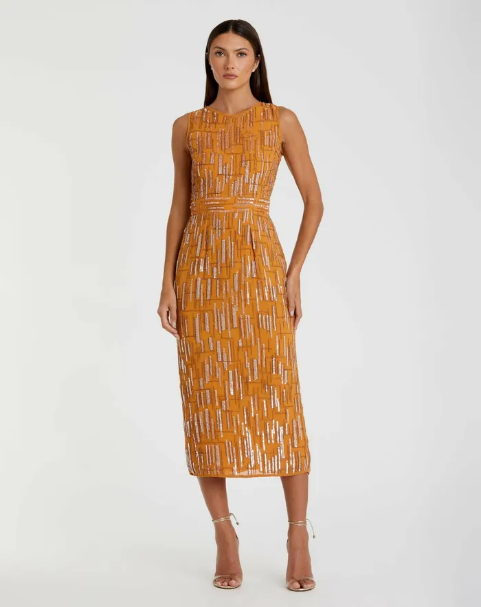 Cocktail Dresses Women Abstract Beaded Sleeveless Midi Sheath Dress Saffron Mac Duggal Cocktail Dresses Women Abstract Beaded Sleeveless Midi Sheath Dress Saffron Mac Duggal