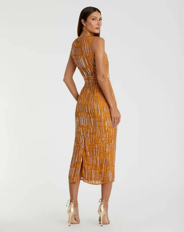 Cocktail Dresses Women Abstract Beaded Sleeveless Midi Sheath Dress Saffron Mac Duggal