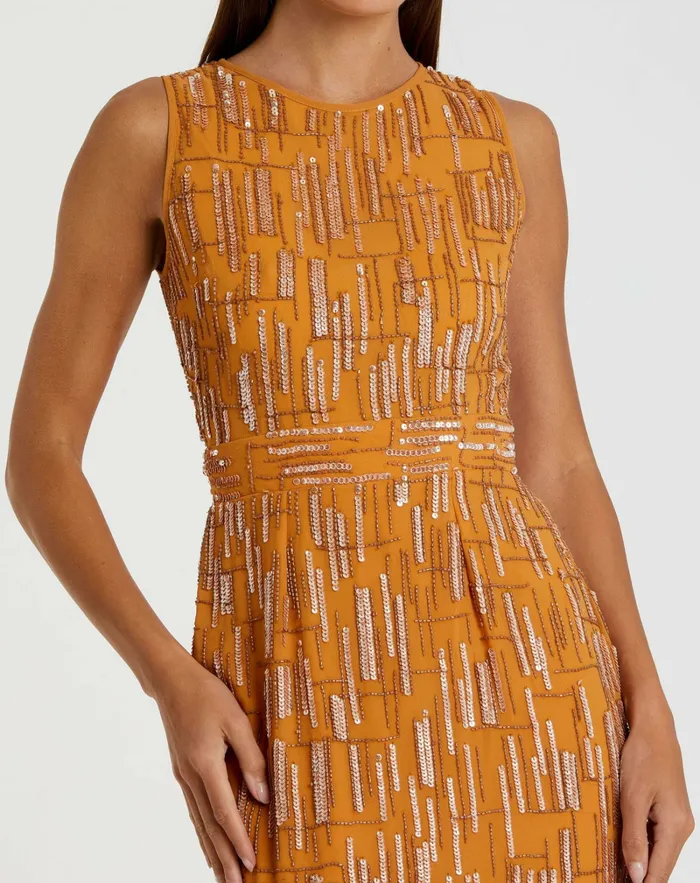 Cocktail Dresses Women Abstract Beaded Sleeveless Midi Sheath Dress Saffron Mac Duggal