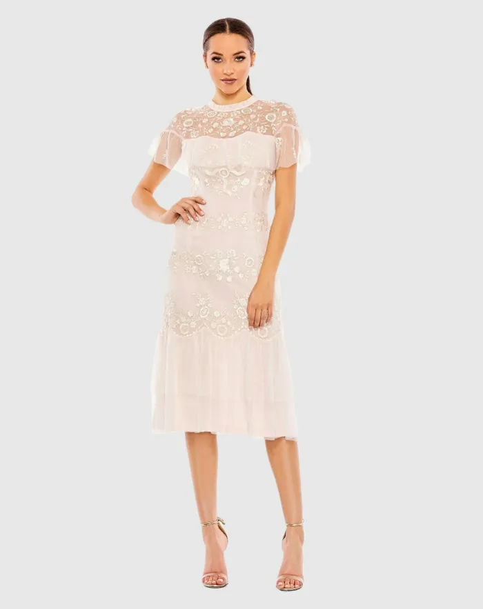 Cocktail Dresses Women High Neck Mesh Tier Embroidered Dress Blush Mac Duggal