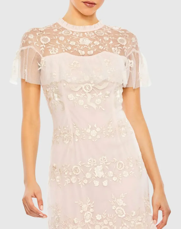 Cocktail Dresses Women High Neck Mesh Tier Embroidered Dress Blush Mac Duggal