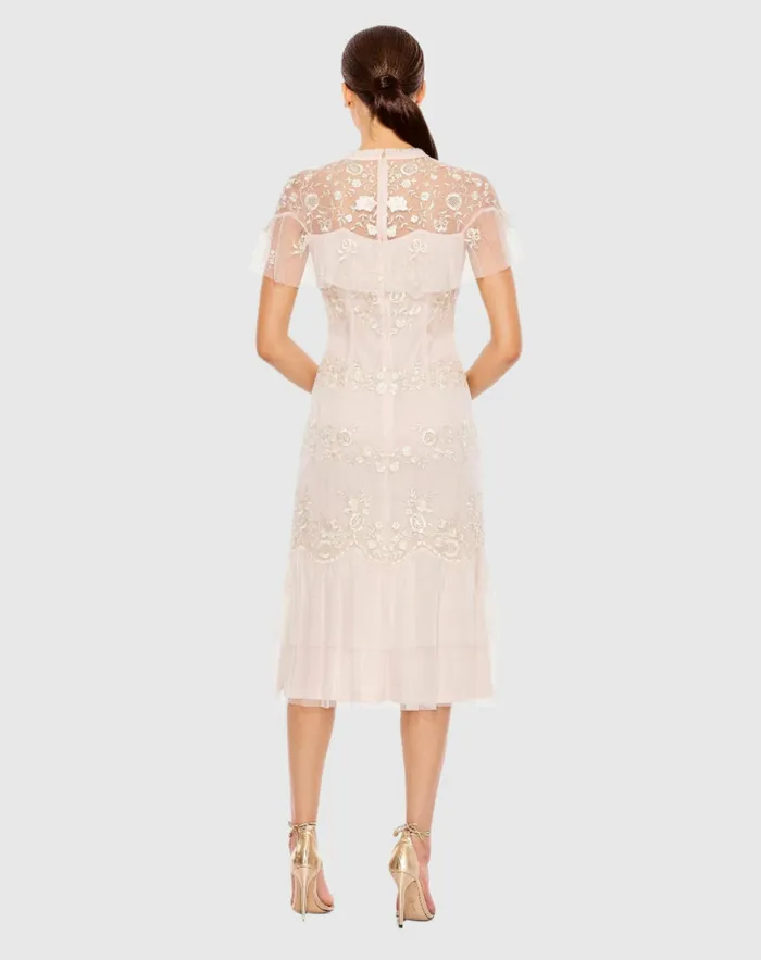 Cocktail Dresses Women High Neck Mesh Tier Embroidered Dress Blush Mac Duggal