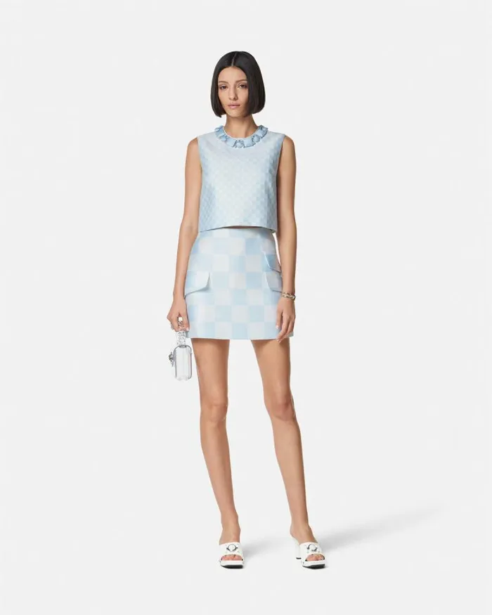 Contrasto Duchesse Crop Top Whiteblue Women Versace Shirts and Tops