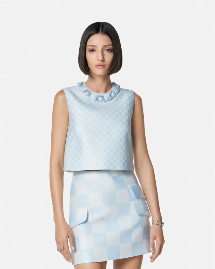 Contrasto Duchesse Crop Top Whiteblue Women Versace Shirts and Tops
