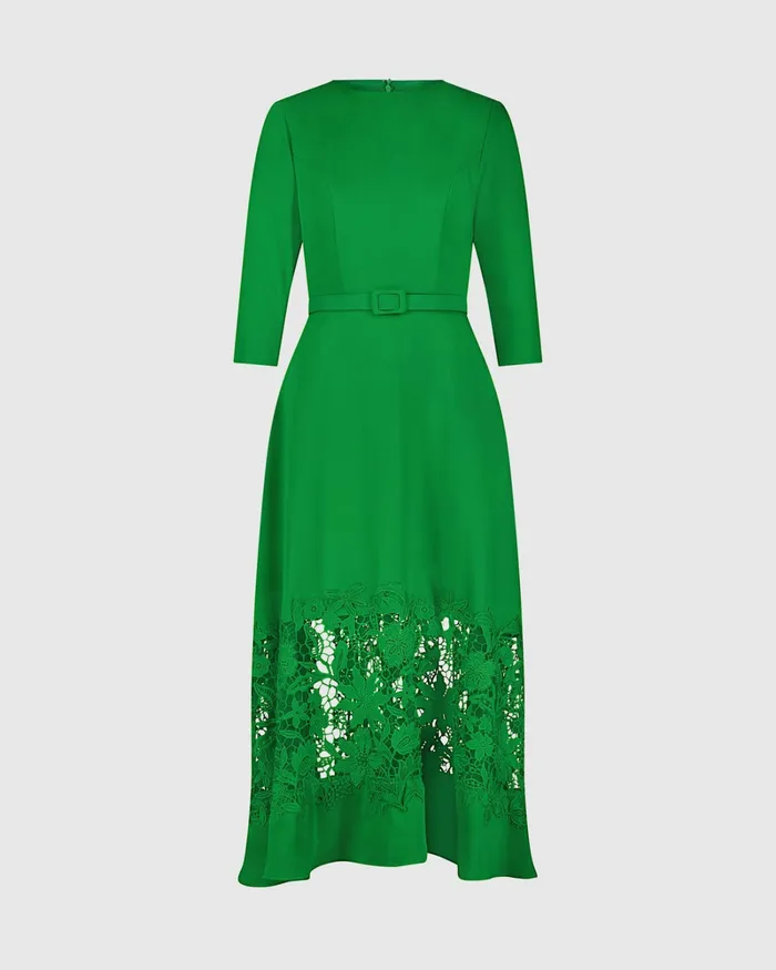 Crepe Boat Neck Midi Dress With Applique Cut Out Spring Green Every Day Dresses Mac Duggal Women