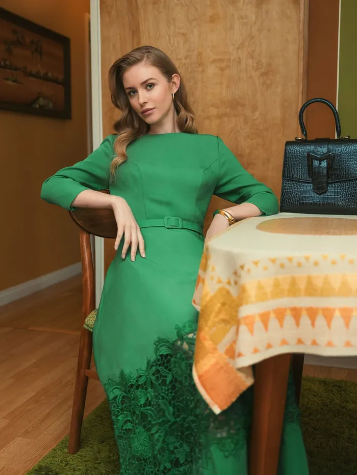 Crepe Boat Neck Midi Dress With Applique Cut Out Spring Green Every Day Dresses Mac Duggal Women