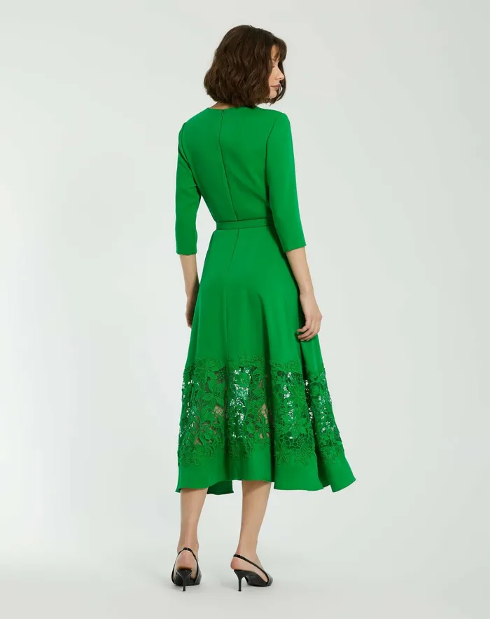 Crepe Boat Neck Midi Dress With Applique Cut Out Spring Green Every Day Dresses Mac Duggal Women