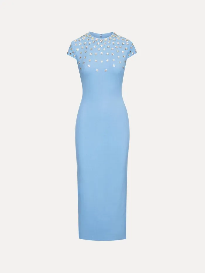 Crystal Embroidered Cap Sleeve Dress Pastel Blue Women Oscar De La Renta Dresses