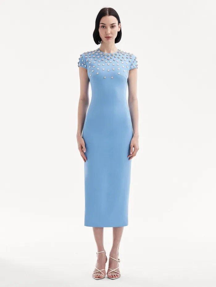 Crystal Embroidered Cap Sleeve Dress Pastel Blue Women Oscar De La Renta Dresses Crystal Embroidered Cap Sleeve Dress Pastel Blue Women Oscar De La Renta Dresses