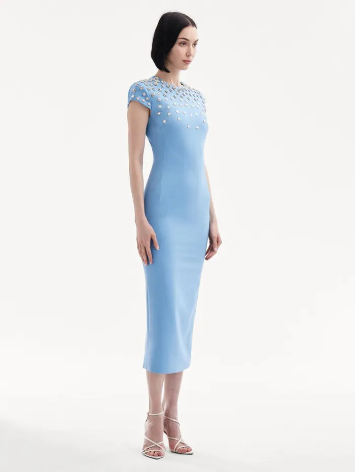 Crystal Embroidered Cap Sleeve Dress Pastel Blue Women Oscar De La Renta Dresses Crystal Embroidered Cap Sleeve Dress Pastel Blue Women Oscar De La Renta Dresses