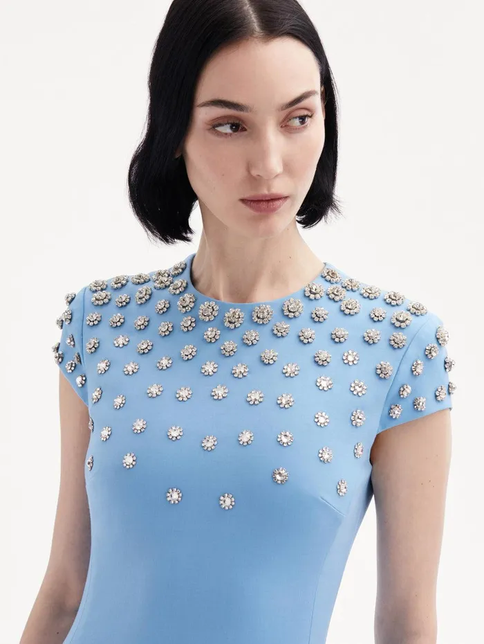 Crystal Embroidered Cap Sleeve Dress Pastel Blue Women Oscar De La Renta Dresses Crystal Embroidered Cap Sleeve Dress Pastel Blue Women Oscar De La Renta Dresses
