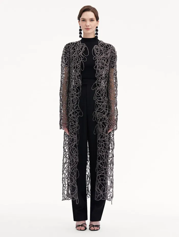 Crystal Embroidered Cord Coat Black Women Oscar De La Renta Jackets and Coats Crystal Embroidered Cord Coat Black Women Oscar De La Renta Jackets and Coats