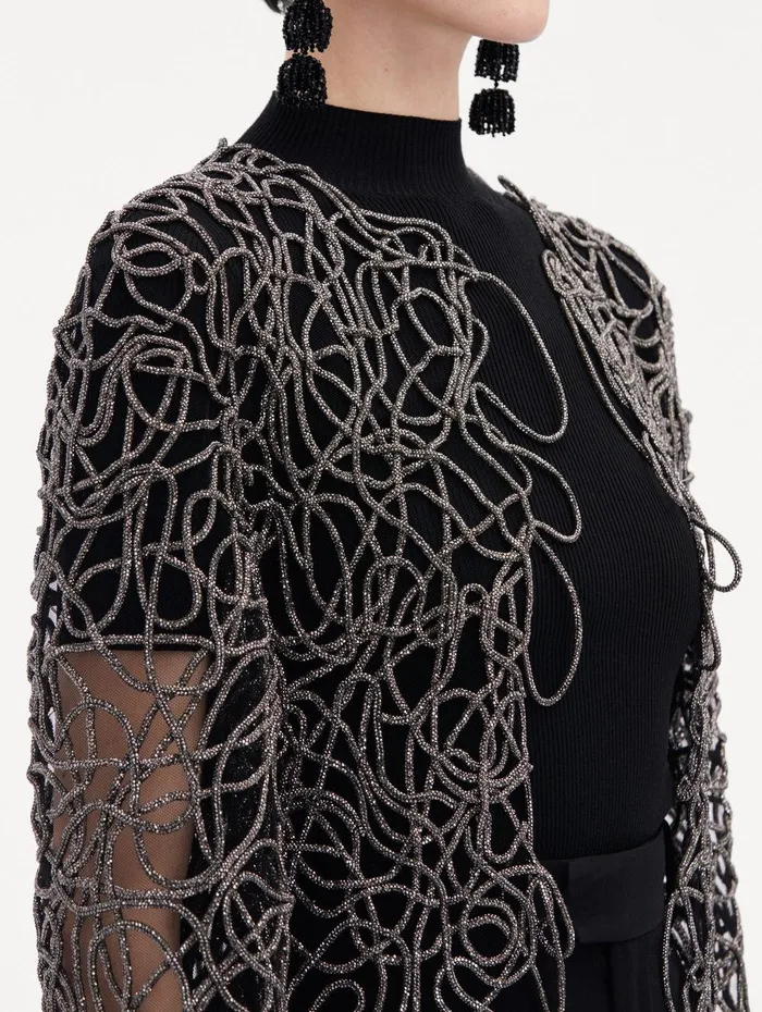 Crystal Embroidered Cord Coat Black Women Oscar De La Renta Jackets and Coats Crystal Embroidered Cord Coat Black Women Oscar De La Renta Jackets and Coats