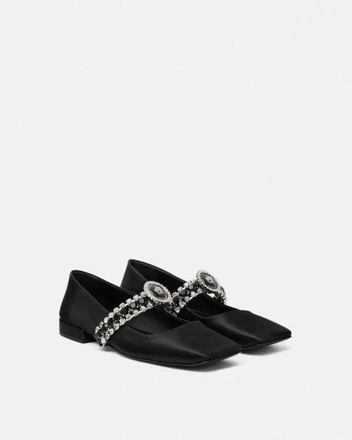 Crystal Gianni Ribbon Ballerinas Blacksilver Women Versace Loafers and Flats