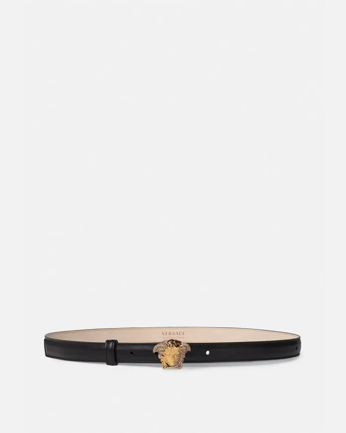 Crystal La Medusa Thin Leather Belt Black Women Versace Belts