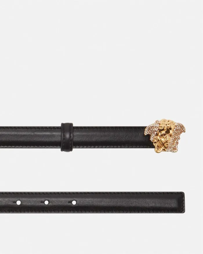 Crystal La Medusa Thin Leather Belt Black Women Versace Belts