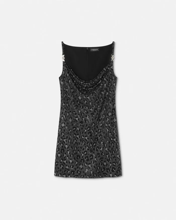 Crystal Leopard Slip Mini Dress Black Women Versace Dresses