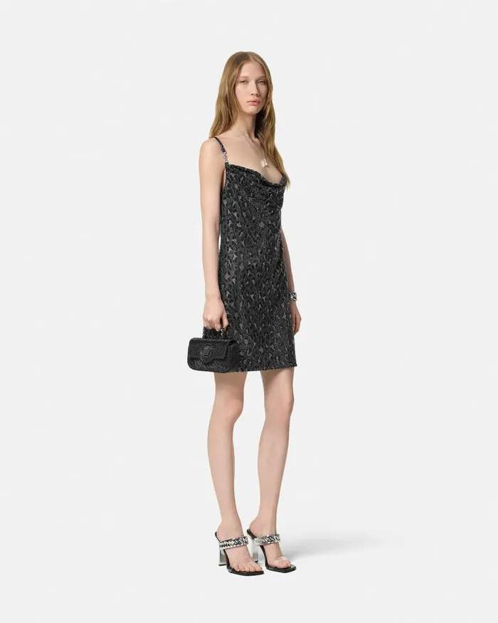 Crystal Leopard Slip Mini Dress Black Women Versace Dresses