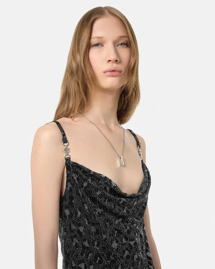 Crystal Leopard Slip Mini Dress Black Women Versace Dresses