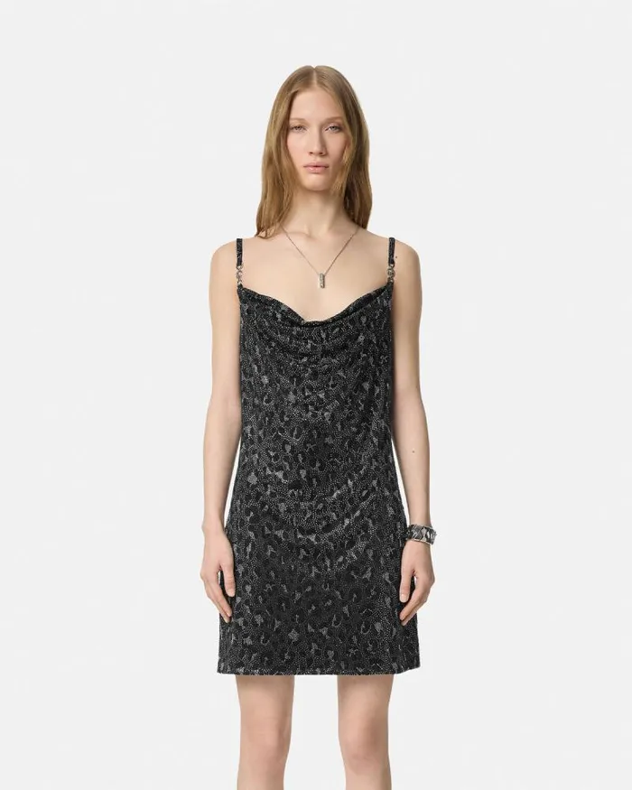 Crystal Leopard Slip Mini Dress Black Women Versace Dresses