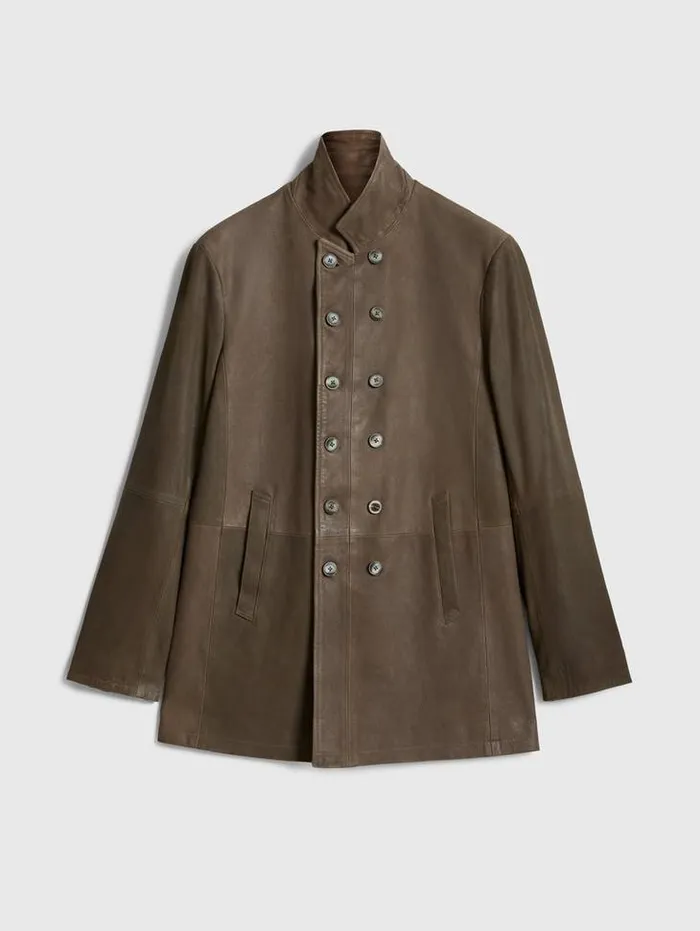 CUTAWAY DOUBLE BREASTED COAT Twine Brown Men John Varvatos Leather Jackets
