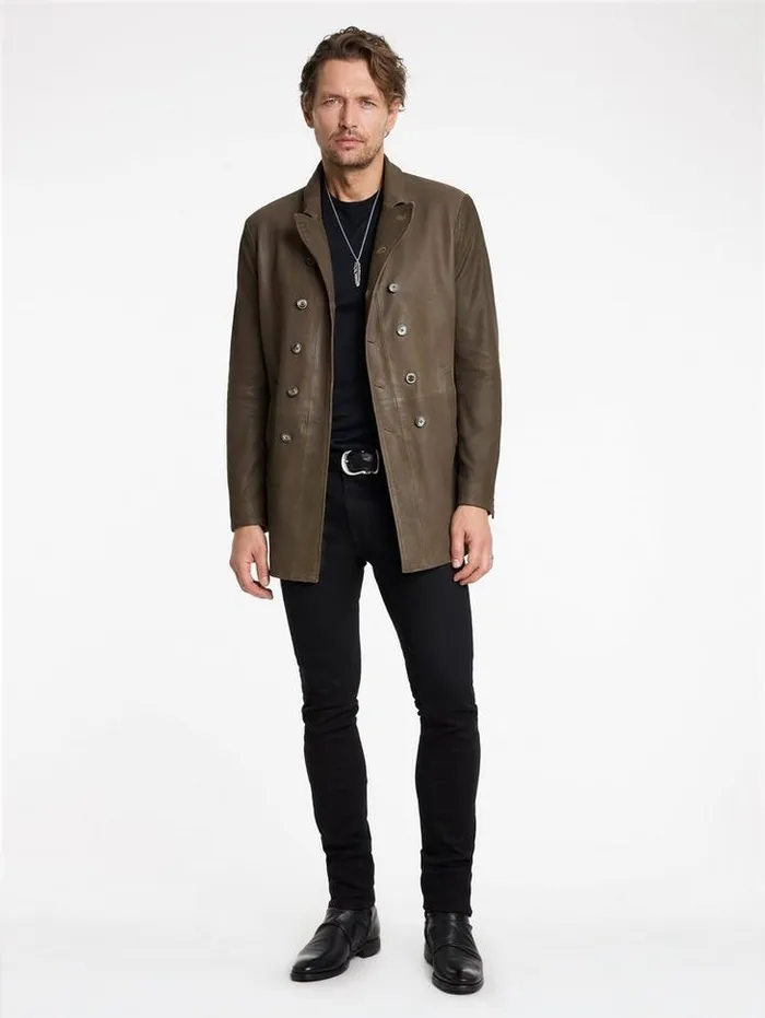 CUTAWAY DOUBLE BREASTED COAT Twine Brown Men John Varvatos Leather Jackets