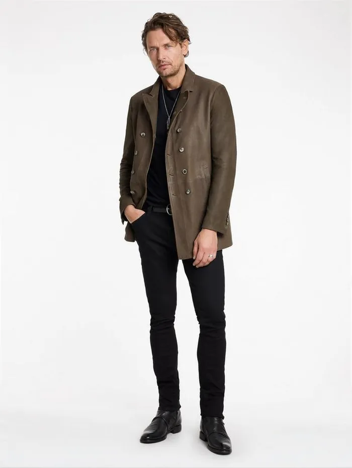 CUTAWAY DOUBLE BREASTED COAT Twine Brown Men John Varvatos Leather Jackets