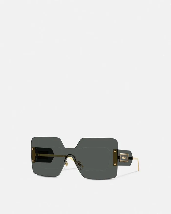 Damier Plaque Squared Shield Sunglasses Blackgold Women Versace Sunglasses
