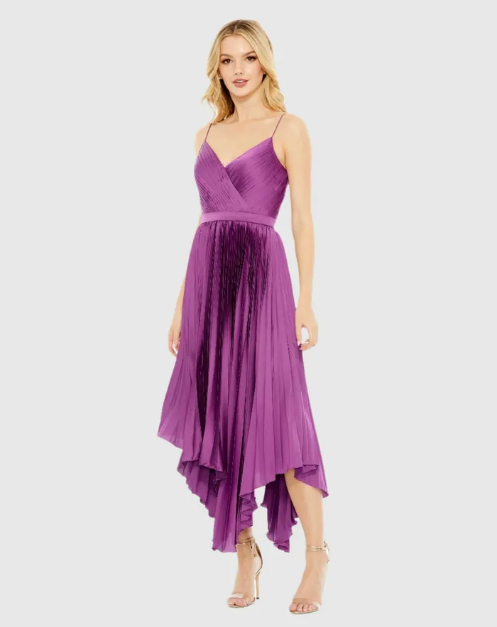 Daytime Dresses Women Mac Duggal Pleated Satin Flowy Midi Dress Amethyst